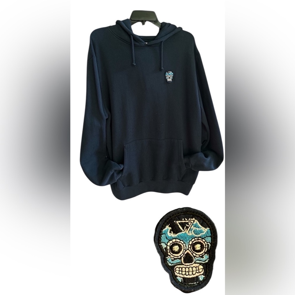 SUSPICIOUS ANTWERP Navy Blue Hoodie Embroidered SKULL Patch